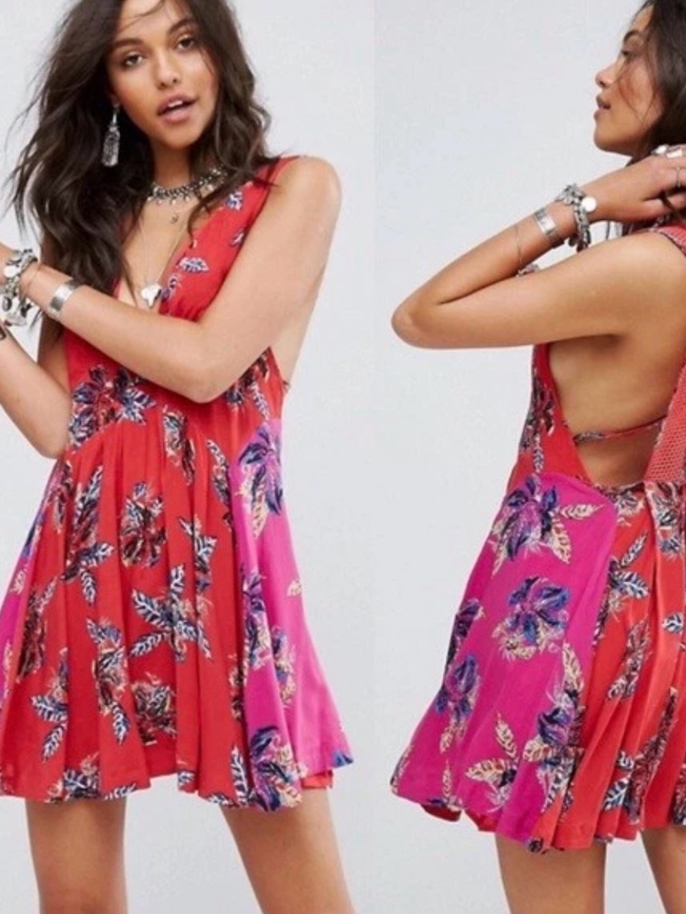 Free People Thought I Was Dreaming Cherry Red & Pink Floral Cutout Mini Dress